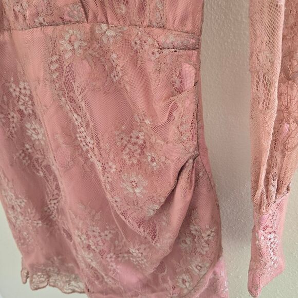 Lovers + Friends "Abigail" Lace Long Sleeve Mini Dress Metallic Rose Size Small - Picture 9 of 16
